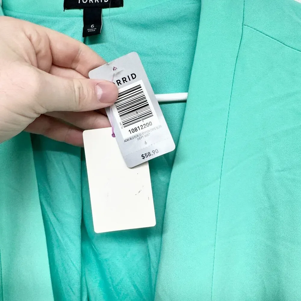 New Torrid Jacket Women Sz 6 Teal Open Front Collared Long‎ Sleeve Blazer Preppy